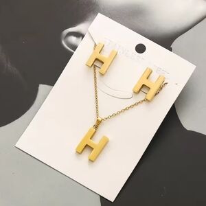 Gold Letter H Necklace and Earrings Set